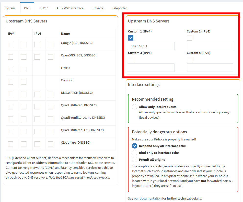 Pi-hole DNS settings page